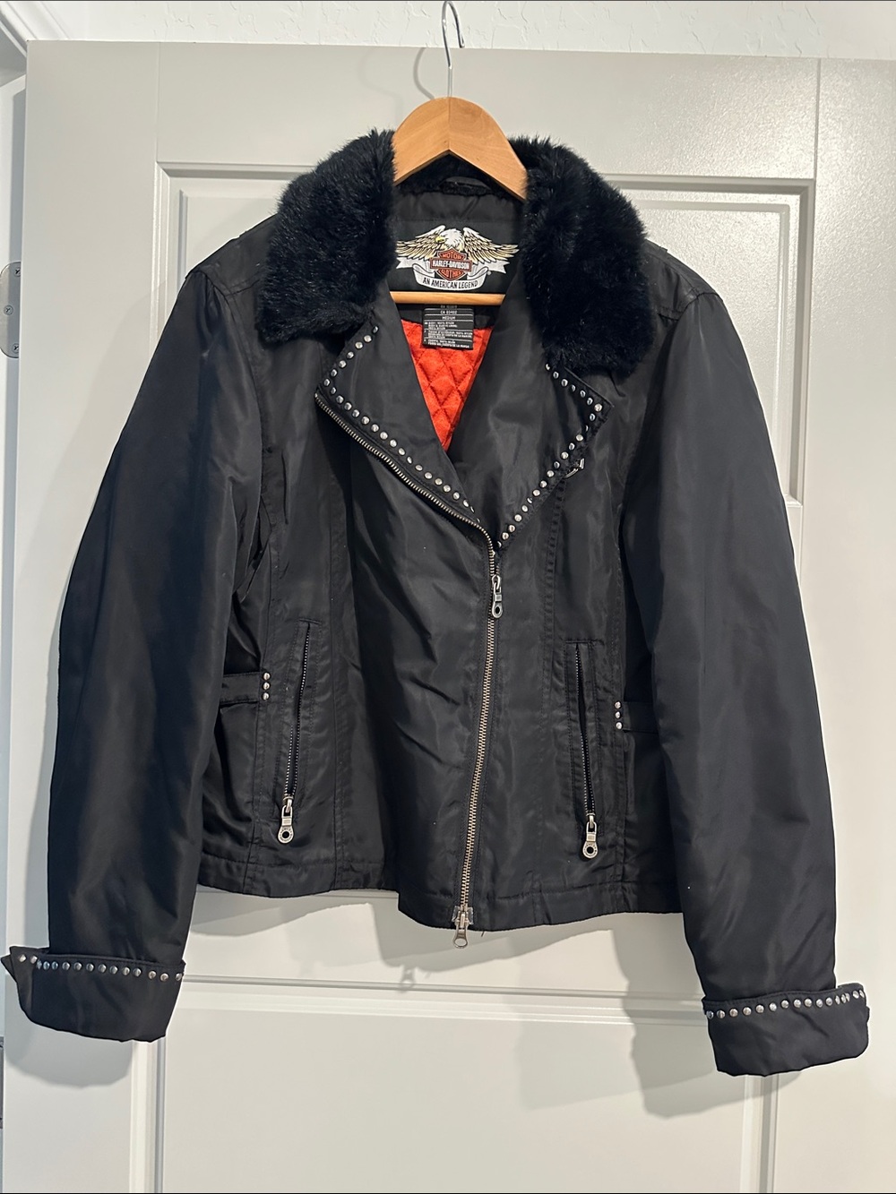 Harley-Davidson Black Bomber Jacket with Faux Fur Collar and Red Lining